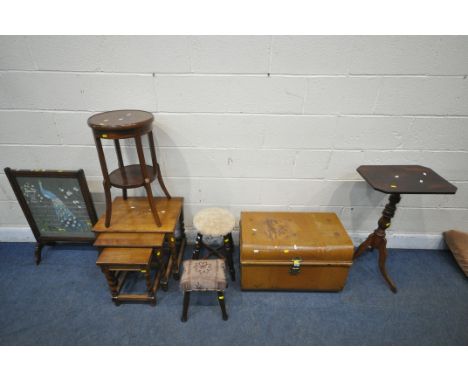 A VINTAGE METAL TRUNK, width 69cm x depth 44cm x height 43cm, an oak nest of three tables, two stools, a mahogany two tier ta