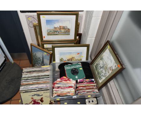 TWO BOXES AND LOOSE RECORDS, to include retro Ferguson radio/ record player in carry case not tested, CPN Ltd made in Great B