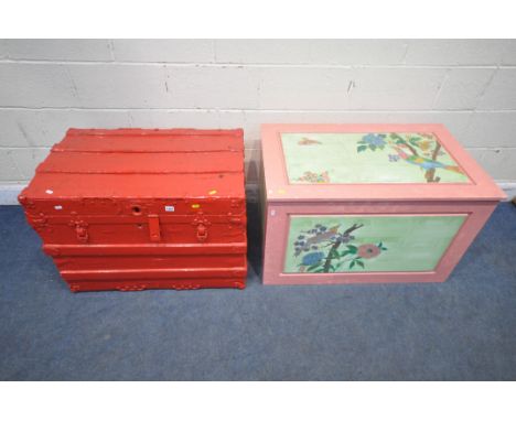 A PAINTED PINE BLANKET CHEST, depicting birds, and foliage, width 93cm x depth 58cm x height 58cm, along with a red painted t