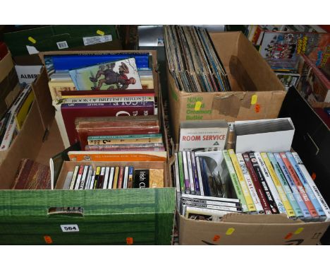 SEVEN BOXES OF BOOKS, CDS, DVDS AND RECORDS, to include over one hundred books in hardback and paperback formats, genres to i