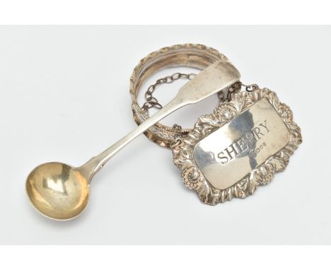 THREE ITEMS OF SILVER, to include a Georgian fiddle pattern mustard spoon, hallmarked 'I.B' London 1817, a single floral deta