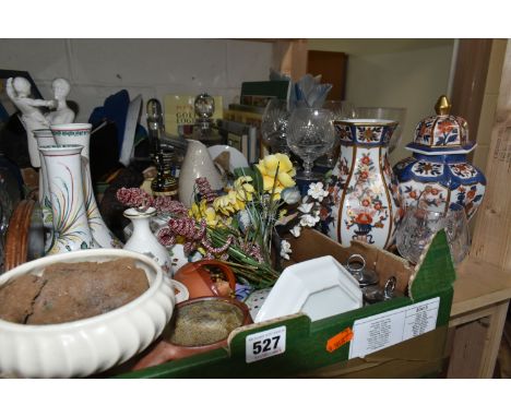 TWO BOXES AND LOOSE CERAMICS AND GLASSWARE, to include a Crown Devon 'Fuchsia' vase 6111, a Wedgwood lilac Jasperware trinket