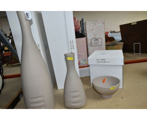 A TRIO OF POOLE STUDIO POTTERY VASES BY KELLY HOPPEN to include a Taupe tall vase (height 45cm) ,a Taupe small vase (height 2