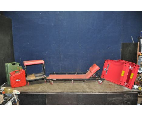 CLARKE AUTOMOTIVE TOOLS including a Crawler board, two wheel dollies, a workshop stool and two metal 'Jerry' cans (the larger
