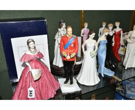 TEN ROYAL FAMILY THEMED FIGURINES, comprising a boxed Royal Worcester limited edition 'Queen Elizabeth, The Queen Mother' fig