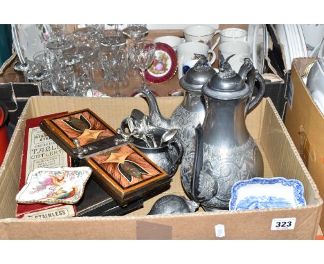 TWO BOXES OF KITCHENWARE to include a vintage tie press, a quantity of vintage electroplated coffee ware to include a coffee 