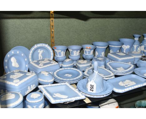 A COLLECTION OF WEDGWOOD PALE BLUE JASPERWARE, over fifty pieces to include vases, tallest 13cm, table lighters, trinket boxe