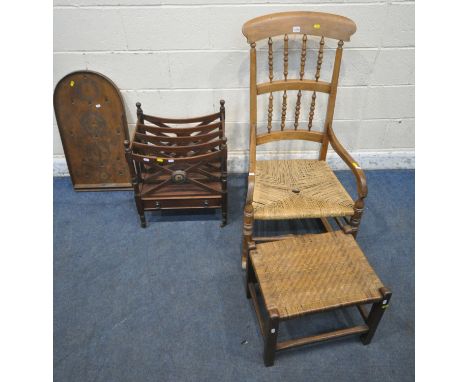 A 20TH CENTURY RUSH SEATED ROCKIING CHAIR, a foot stool, a magazine rack with a single drawer, and a Corinthian bagatelle boa