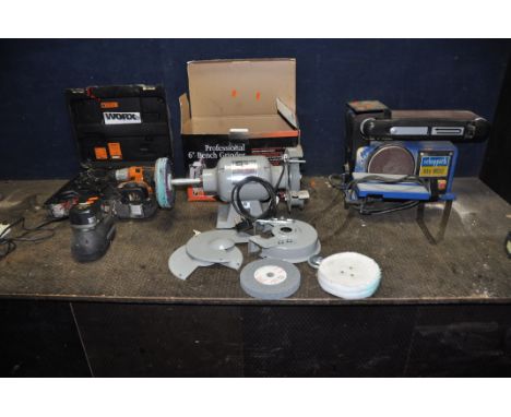 A WORX WX14DD 14.4V DRILL with case, two batteries and charger, an SIP bench grinder with polishing mop fitted and a Schappac