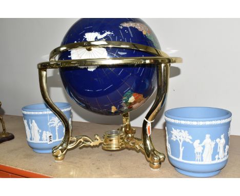 AN INLAID GLOBE AND TWO WEDGWOOD JASPERWARE PLANTERS to include a large late twentieth century globe inlaid with semi previou