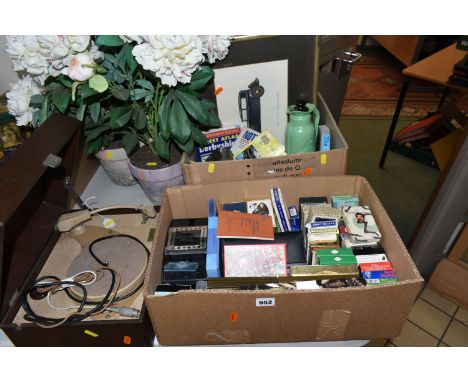 TWO BOXES AND LOOSE RECORD PLAYER, PLAYING CARDS AND SUNDRY ITEMS, to include a His Master's Voice portable record player, a 