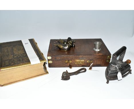 A QUANTITY OF MIXED VINTAGE WARES to include a vintage Bull headed figural can opener, a Gaskell and Chambers 1/6 Gill measur