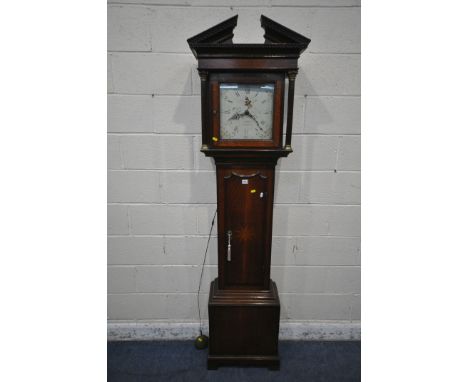 A GEORGIAN OAK 30 HOUR LONGCASE CLOCK, the hood with a broken arch pediment, twin Corinthian style pillars, the glass door en
