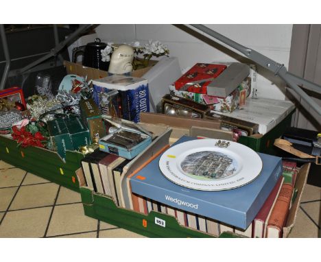 FIVE BOXES AND LOOSE CHRISTMAS DECORATIONS, BOOKS AND SUNDRY ITEMS, to include over thirty books on the subjects of engineeri