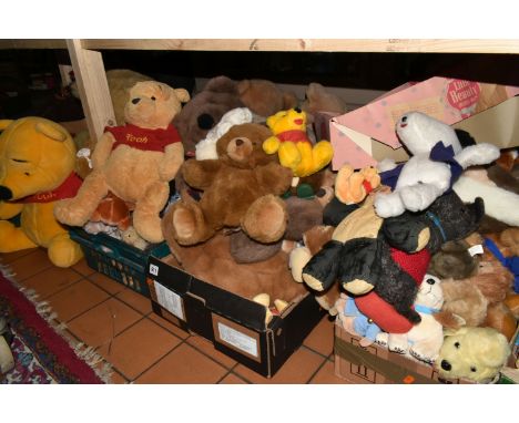 FIVE BOXES AND LOOSE TEDDY BEARS to include a number of Winnie the Pooh soft toys in various styles, a Peeko bear puppet, a C