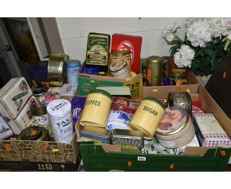 FIVE BOXES OF ADVERTISING AND OTHER TINS, mainly late twentieth century, to include Tetley tea, Kit Kat, Barnwell's Biscuits,