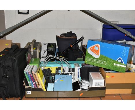 FOUR BOXES AND LOOSE ELECTRICAL AND COMPUTING ITEMS to include two iPad minis, model A1489 in Slate Grey, in cases (one has a