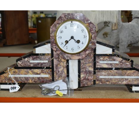A FRENCH ART DECO MARBLE MANTEL CLOCK, a white, black and mauve marble, geometric design with pendulum and key, bell striking