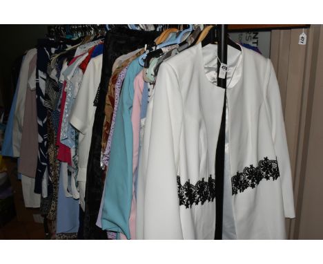 A LARGE QUANTITY OF MOSTLY LADIES' CLOTHING, to include dresses, blazers, coats including a Coney fur beige colour size 22, M