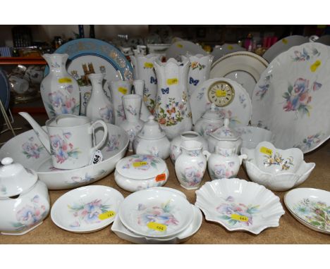 A QUANTITY OF AYNSLEY 'LITTLE SWEETHEART' PATTERN GIFTWARE, comprising a mantel clock, eight assorted vases, four small ginge
