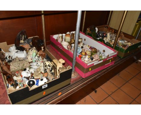 THREE BOXES OF CERAMICS AND OTHER FIGURES, ETC, to include an Eastgate Pottery 'Fauna' vase, a small Beswick Collie (sd and l