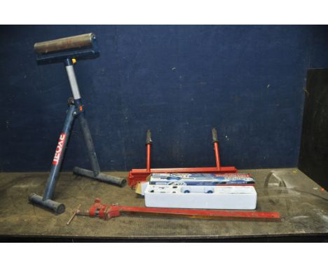 A CLARKE 9 PIECE DENT PULLER KIT IN ORIGINAL BOX, a Clarke sheet metal bender 24in width, a Clarke 80cm sash cramp and a Ryob