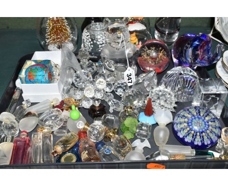 A GROUP OF DECORATIVE GLASS WARE AND MINIATURE PERFUME BOTTLES, to include a Lenox Winnie the Pooh crystal figure, height 11.