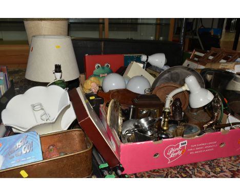 TWO BOXES AND LOOSE METALWARE AND SUNDRY ITEMS, to include a copper planter, walking sticks and walking poles, a mid-twentiet