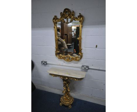 A GILT RESIN MARBLE TOP CONSOLE TABLE, in the form of a boy in robes, with foliate details, raised on paw feet, width 82cm x 