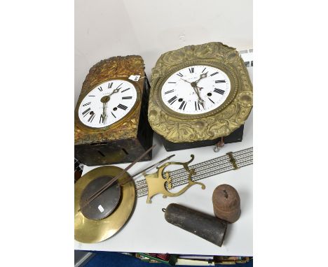 TWO FRENCH COMPTOISE CLOCKS, comprising a Vallade Fils a Angouleme clock with enamel dial and pressed brass facade featuring 