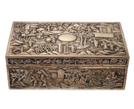 Late 19th/early 20th century Chinese silver box of rectangular form, with chased scenes of figures in the countryside and sim