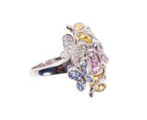 Diamond and multi-coloured sapphire 'Butterfly' cluster cocktail ring with seven stylized butterflies, set with diamonds and 