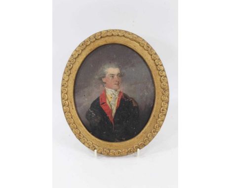 Early 19th century oil on copper, portrait of an officer, oval, 18 x 14cm, gilt frame, inscribed to reverse 'Norman, St Osyth