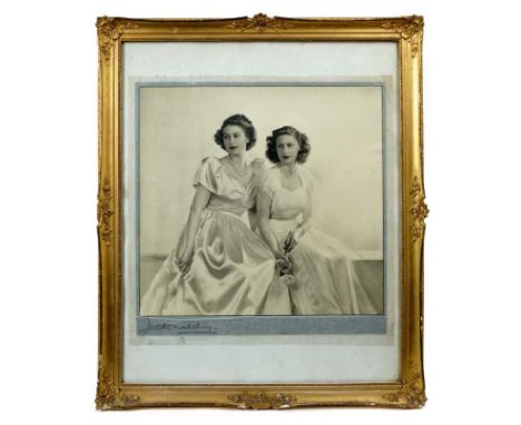 T.R.H. Princess Elizabeth (Later H.M.Queen Elizabeth II) and Princess Margaret, fine black and white portrait photograph by D