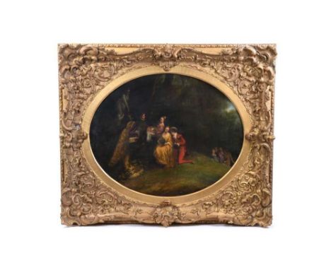 Manner of Nicolas Lancret (1690-1743), 18th century oval oil on canvas - elegant figures and a peacock in an ornamental garde