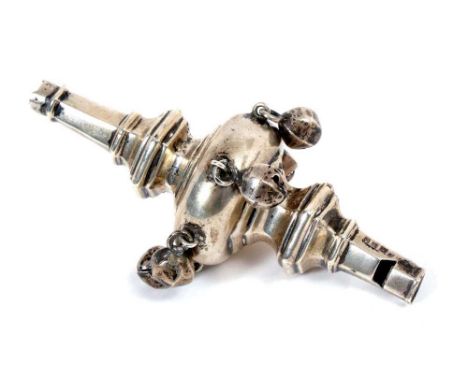 Early 19th century baby's rattle of plain form, with whistle and suspension ring, originally six bells (one now missing), tee