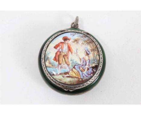 Late 19th / early 20th century Austrian silver and enamel rouge pot, of cushion from with loop suspension, the hinged cover d