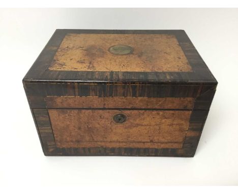 Early Victorian burr cedar and coromandel jewellery box, with hinged cover enclosing fabric lined fitted interior, with push 
