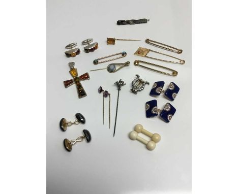 Group of antique and later stick pins, tie pins and cufflinks to include an Art Deco white gold diamond and black onyx bar br