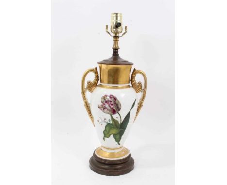 Paris porcelain twin-handled vase, c.1820-30, painted with a tulip, now converted to a lamp, total height 46cm