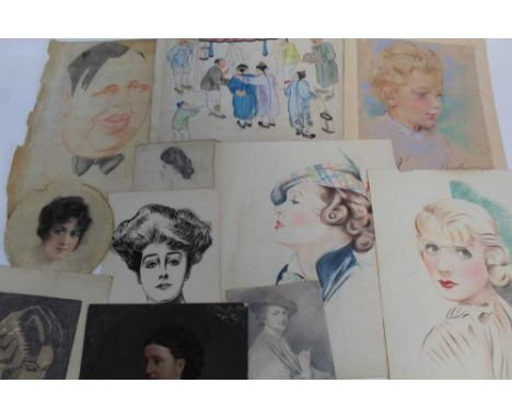 Collection of stylish 1920s and 30s watercolour and pastel portraits of young ladies, other portrait sketches, Victorian pen 