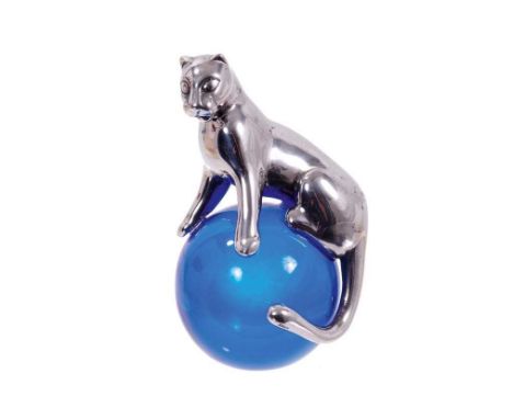 Cartier silver and crystal Panther paperweight, the sterling silver Panther seated on a blue glass ball, signed, in fitted Ca