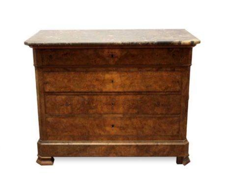 19th century French marble topped burr wood commode, with four long drawers between canted angles on squat feet, 120cm wide x
