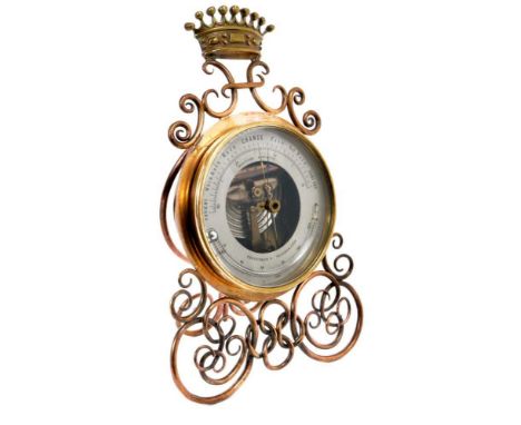 Late 19th century French Holosteric aneroid Barometer thermometer with silvered dial in ornate brass stand mounted with Frenc