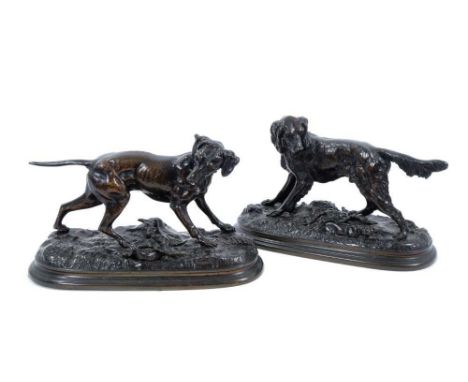 After Jules Moigniez (1835-1894): pair of bronze figures of hunting dogs, both signed, on oval plinth bases, 21cm longConditi