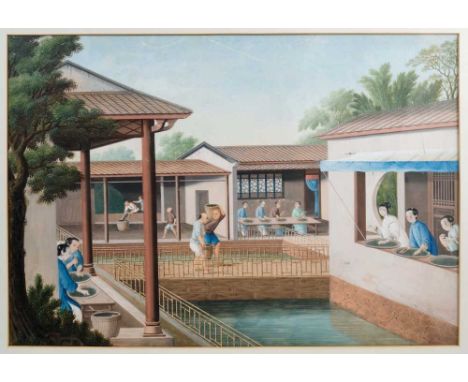 Scarce set of four 19th century Anglo-Chinese watercolours of tea harvesting scenes, each approximately 38 x 55cm, glazed fra