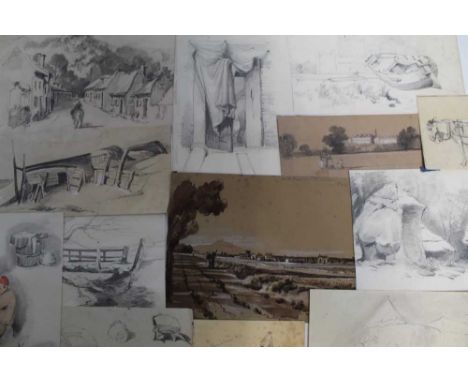 Collection of early 19th century pencil and chalk sketches including works possibly by Samuel Prout, various subjects to incl
