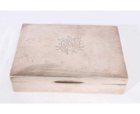 Late Victorian silver playing card box of rectangular form, domed hinged cover with engraved initials, and gilded and velvet 