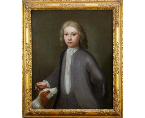 Attributed to Thomas Ross, mid-eighteenth century, oil on canvas - portrait of a young man wearing grey coat, with his spanie