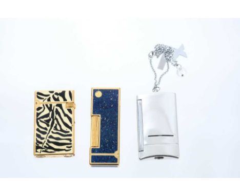 Dunhill gold plated lighter with lapis lazuli design, together with two DuPont lighters, one with pouch